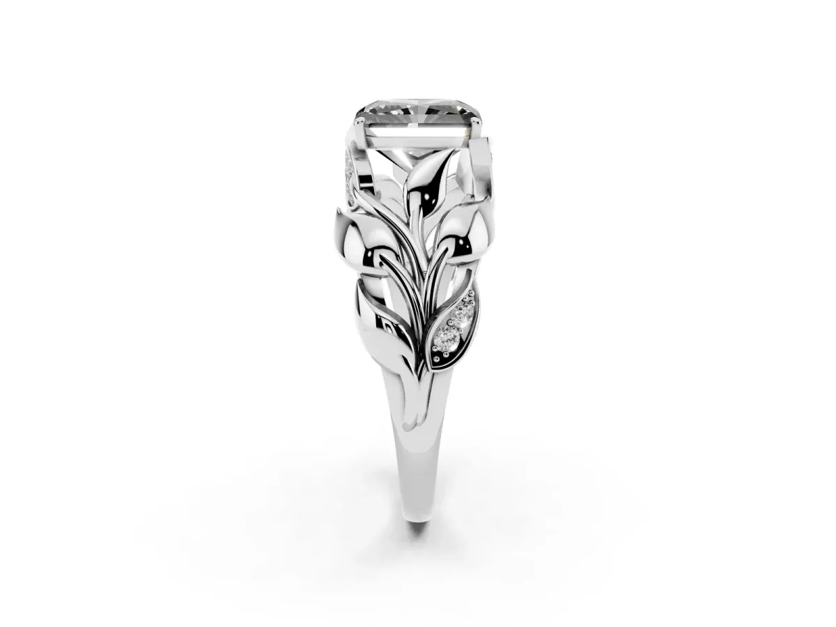 Fancy Black Radiant Cut Diamond Leaf-Inspired Engagement Ring with Round Accents and Prong Setting Silver