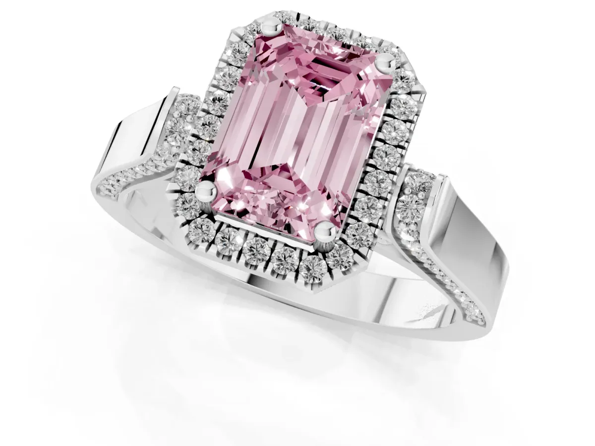 Fancy Pink Emerald Cut Halo Pave Split Shank Prong Setting Ring Silver