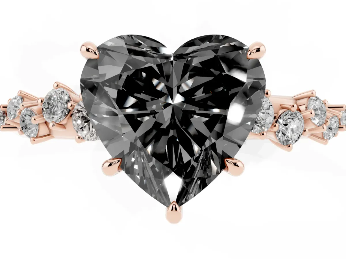 Fancy Black Heart Cut Diamond Cluster Side Stone Solitaire Ring with Prong Setting Rose gold