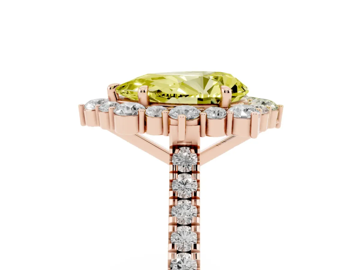 Fancy Yellow Pear Cut Halo Diamond Ring with Pavé Band and Prong Setting Rose gold