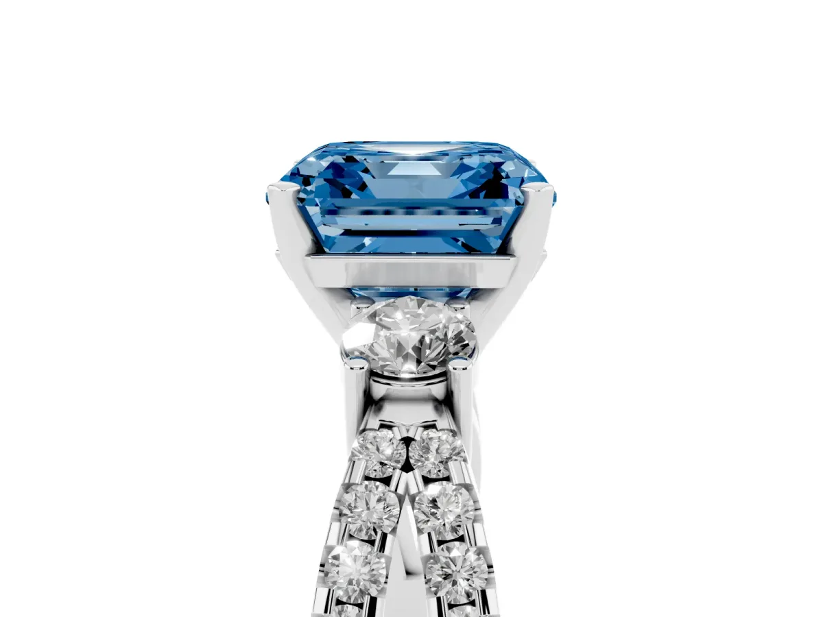 Fancy Blue Asscher Cut Diamond Three-Stone Ring with Pavé Split Shank and Four-Prong Setting Platinum