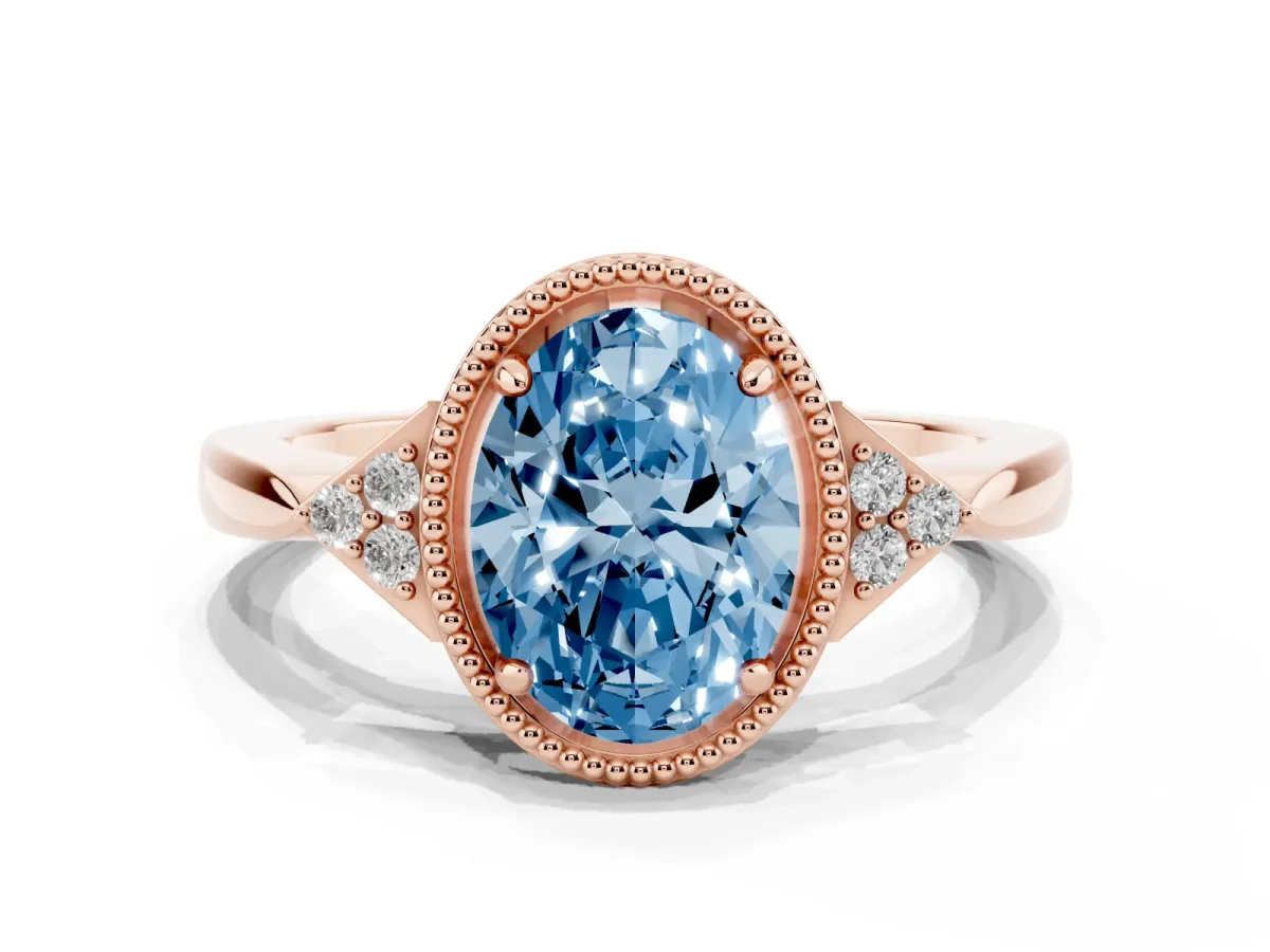 Fancy Blue Oval Cut Diamond Halo Ring with Tapered Band and Four-Prong Setting Rose gold