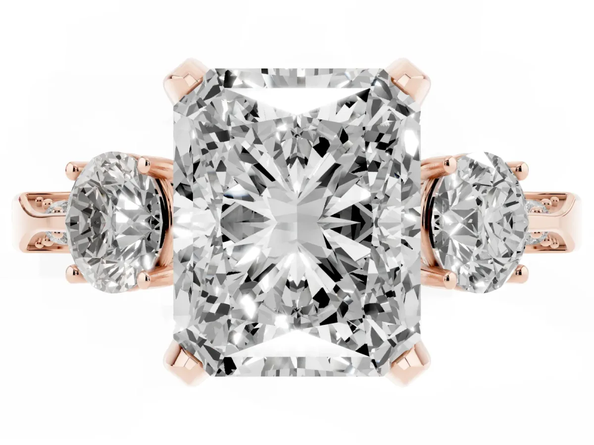 Radiant Cut Brilliant Three-Stone Diamond Ring with Pavé Band and Four-Prong Setting Rose gold
