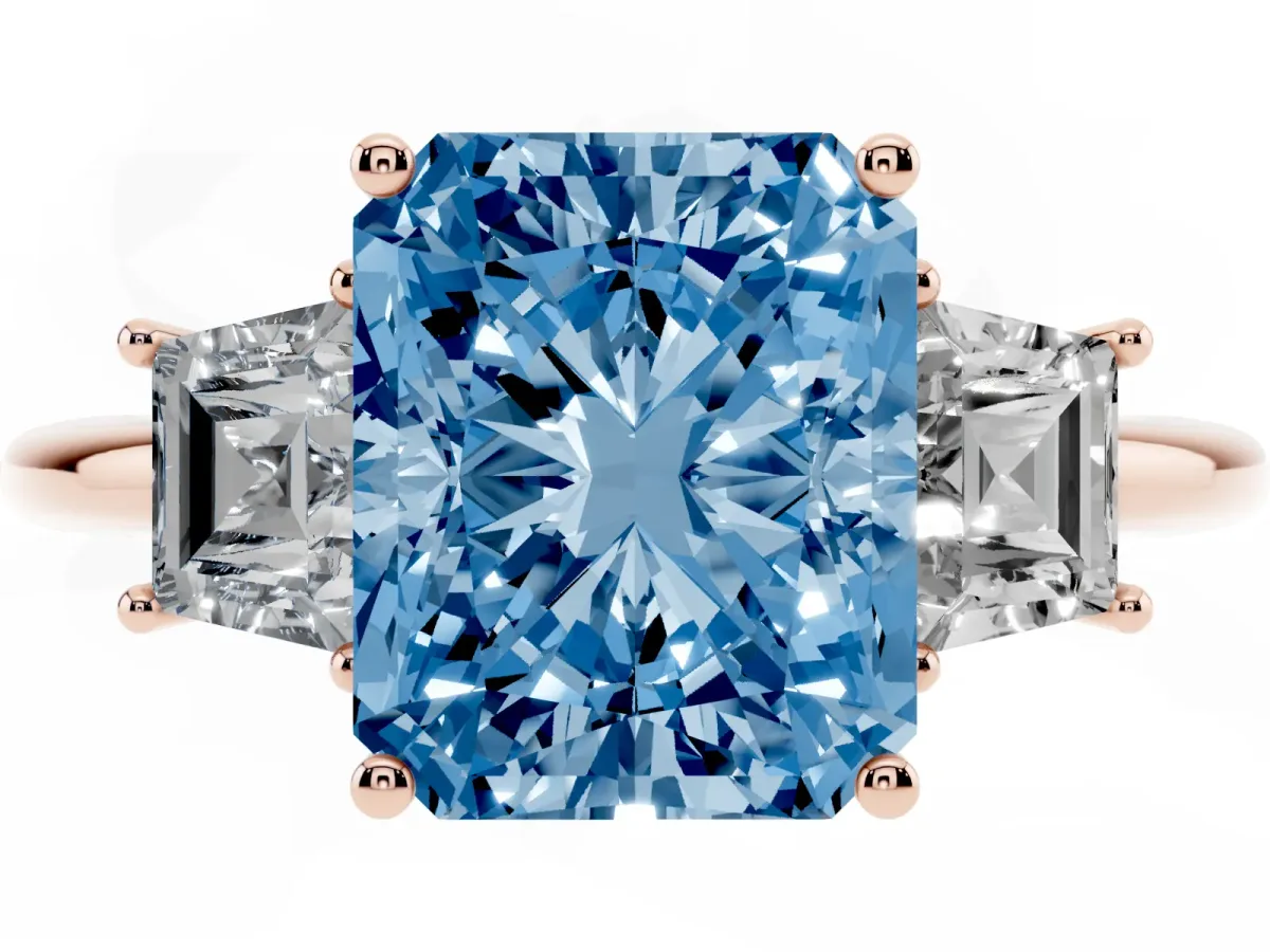 Fancy Blue Radiant Cut Diamond Three-Stone Ring with Trapezoid Side Stones and Prong Setting Rose gold