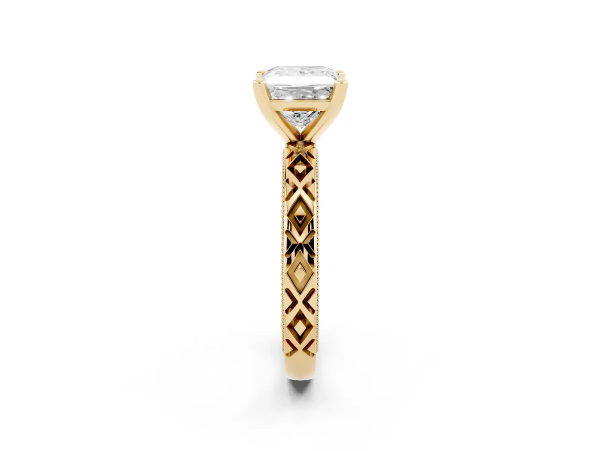 Princess Cut Solitaire Diamond Ring with Milgrain and Black Enamel X Pattern Band Yellow gold