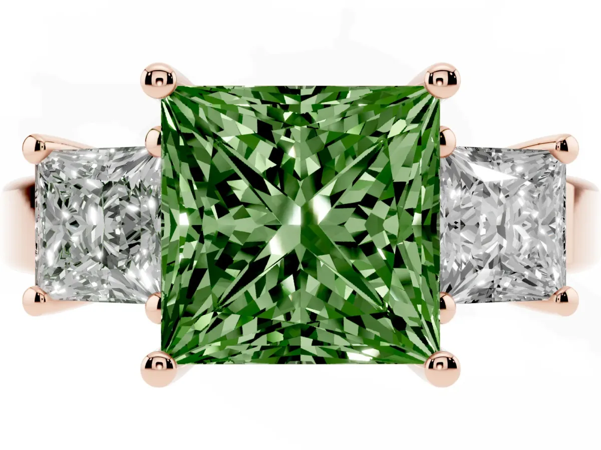 Fancy Green Three-Stone Princess Cut Cut Solitaire Ring with Prong Setting Rose gold