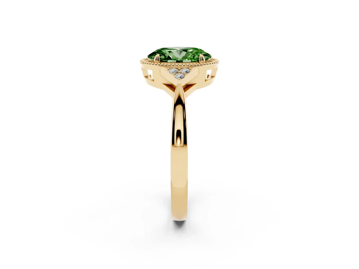 Fancy Green Hexagonal Halo Oval Cut Diamond Solitaire with Pavé Band and Four-Prong Setting Yellow gold