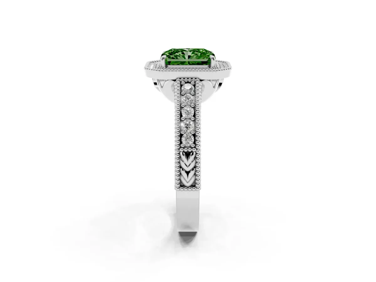 Fancy Green Radiant Cut Cut Halo Diamond Ring with Pavé Band and Four-Prong Setting Silver
