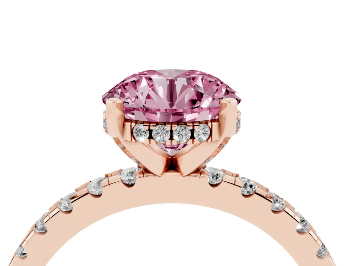 Fancy Pink Round Cut Diamond Solitaire Ring with Round Pavé Band and Four-Prong Setting Rose gold