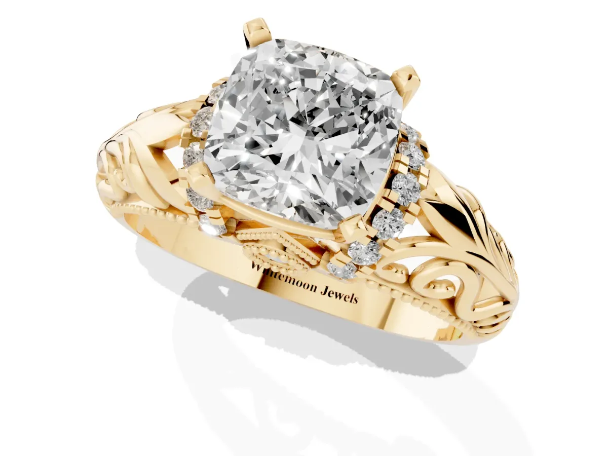 Cushion Cut Solitaire Filigree Engagement Ring with Halo and Prong Setting Yellow gold