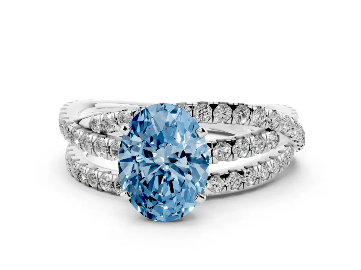 Fancy Blue Oval Cut Solitaire Twist Band with Pavé Setting and Four-Prong Setting Platinum
