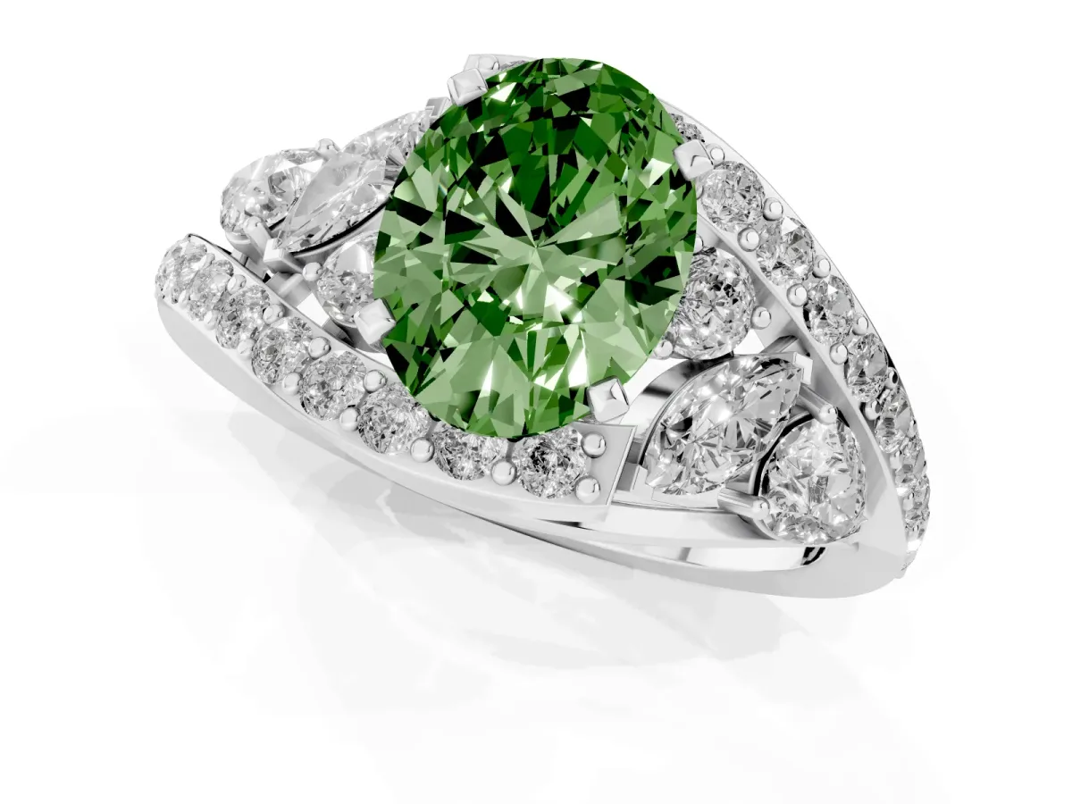 Fancy Green Oval Cut Diamond Halo Ring with Marquise and Pavé Band in Prong Setting Silver