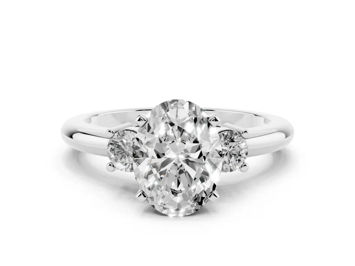 Three-Stone Oval Cut Cut Diamond Solitaire with Prong Setting and Classic Band Silver