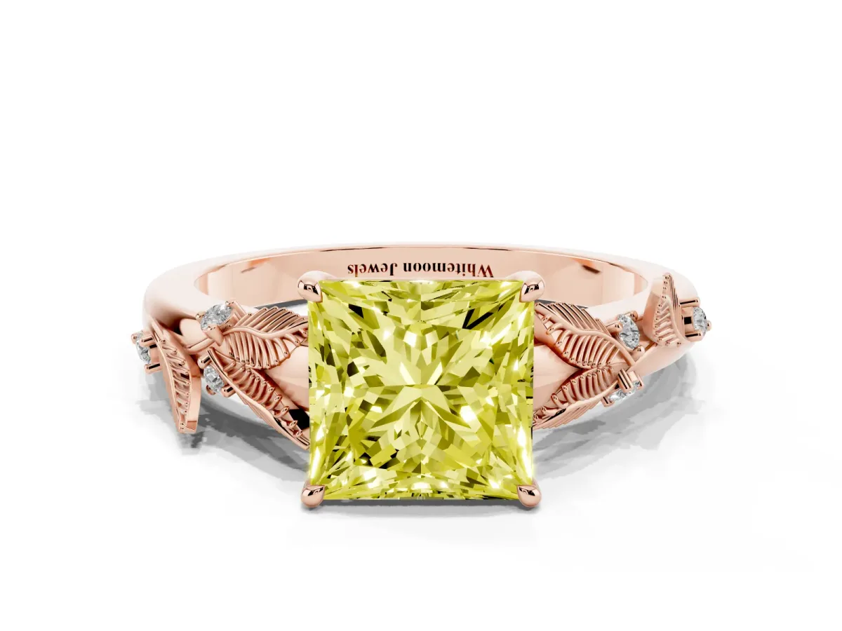 Fancy Yellow Princess Cut Diamond Solitaire Ring with Leaf Motif Band and Four-Prong Setting Rose gold