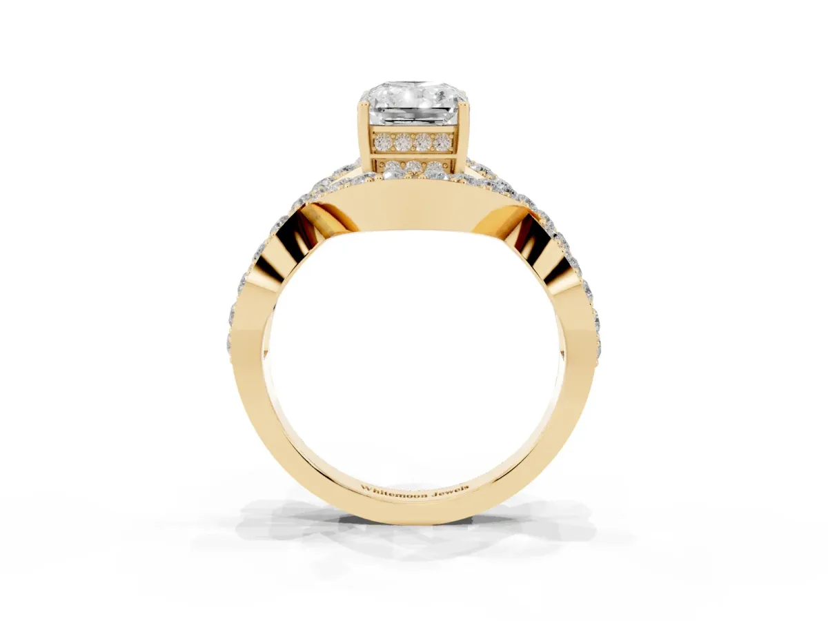 Radiant Cut Solitaire Twist Band Pavé Diamond Engagement Ring Yellow gold