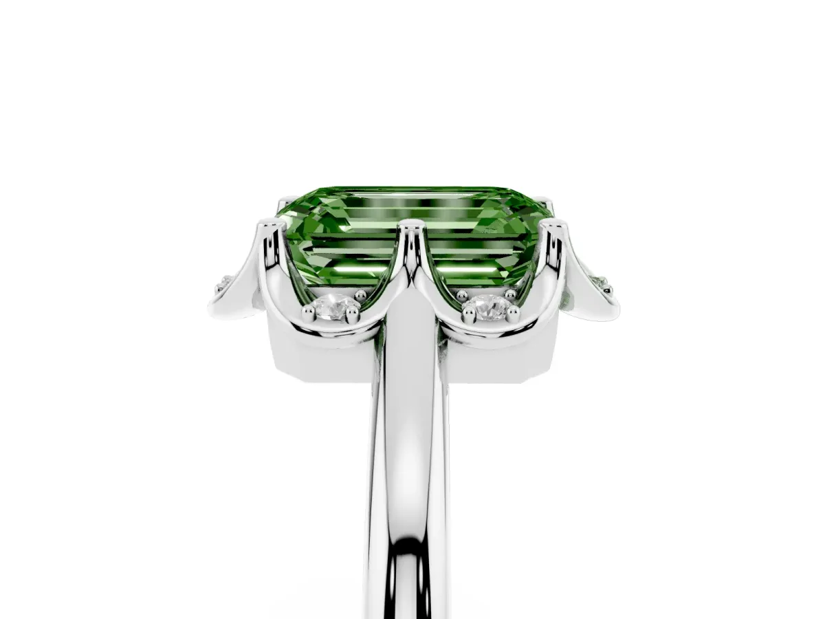 Fancy Green Emerald Cut Halo Diamond Ring with Round Cluster Setting, Solitaire Band, and Four-Prong Setting Silver