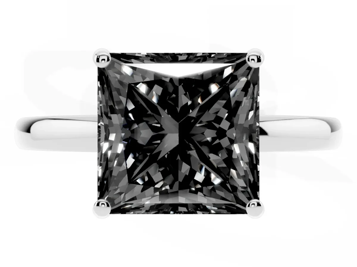 Fancy Black Princess Cut Solitaire Diamond Ring with Prong Setting and Plain Band Platinum