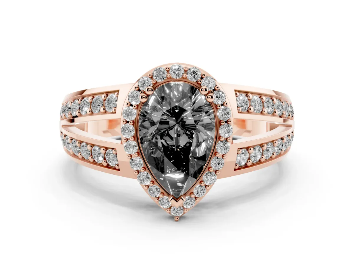 Fancy Black Pear Cut Diamond Halo Ring with Split Shank Pavé Band and Four-Prong Setting Rose gold