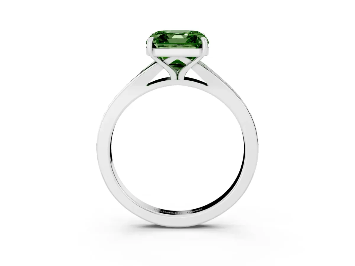 Fancy Green Asscher Cut Diamond Solitaire Ring with Pavé Band and Prong Setting Silver