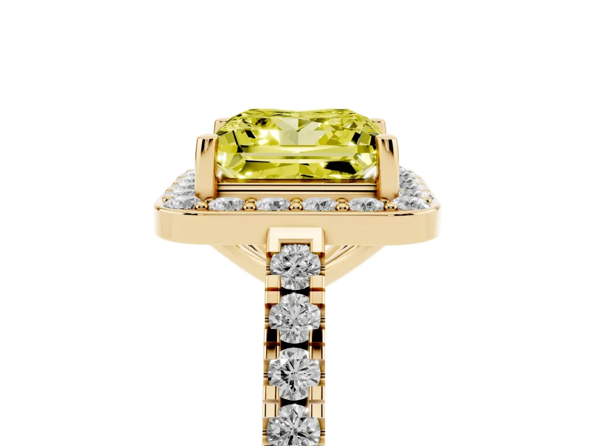 Fancy Yellow Princess Cut Diamond Halo Ring with Round Pavé Split Shank and Prong Setting Yellow gold