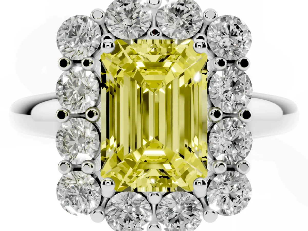 Fancy Yellow Emerald Cut Halo Cluster Diamond Engagement Ring with Prong Setting and Polished Band White gold