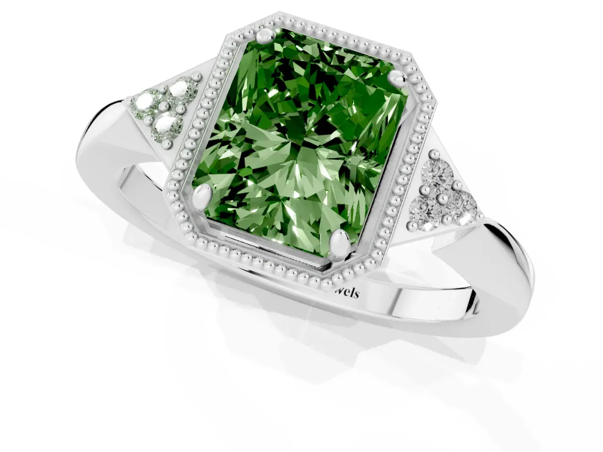 Fancy Green Hexagonal Halo Radiant Cut Diamond Solitaire with Pavé Band and Four-Prong Setting Platinum