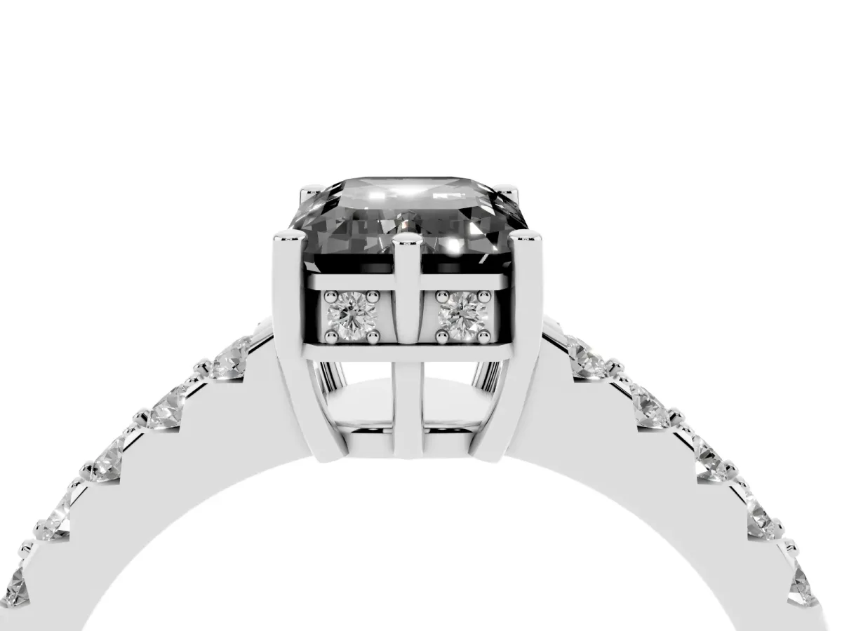 Fancy Black Emerald Cut Solitaire Diamond Engagement Ring with Pavé Band and Six-Prong Setting Platinum