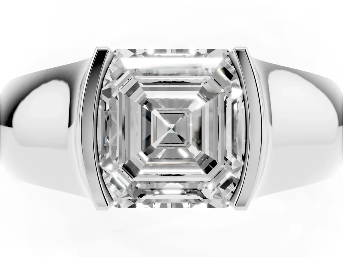 Asscher Cut Solitaire Bezel Set Diamond Ring with Wide Band Silver