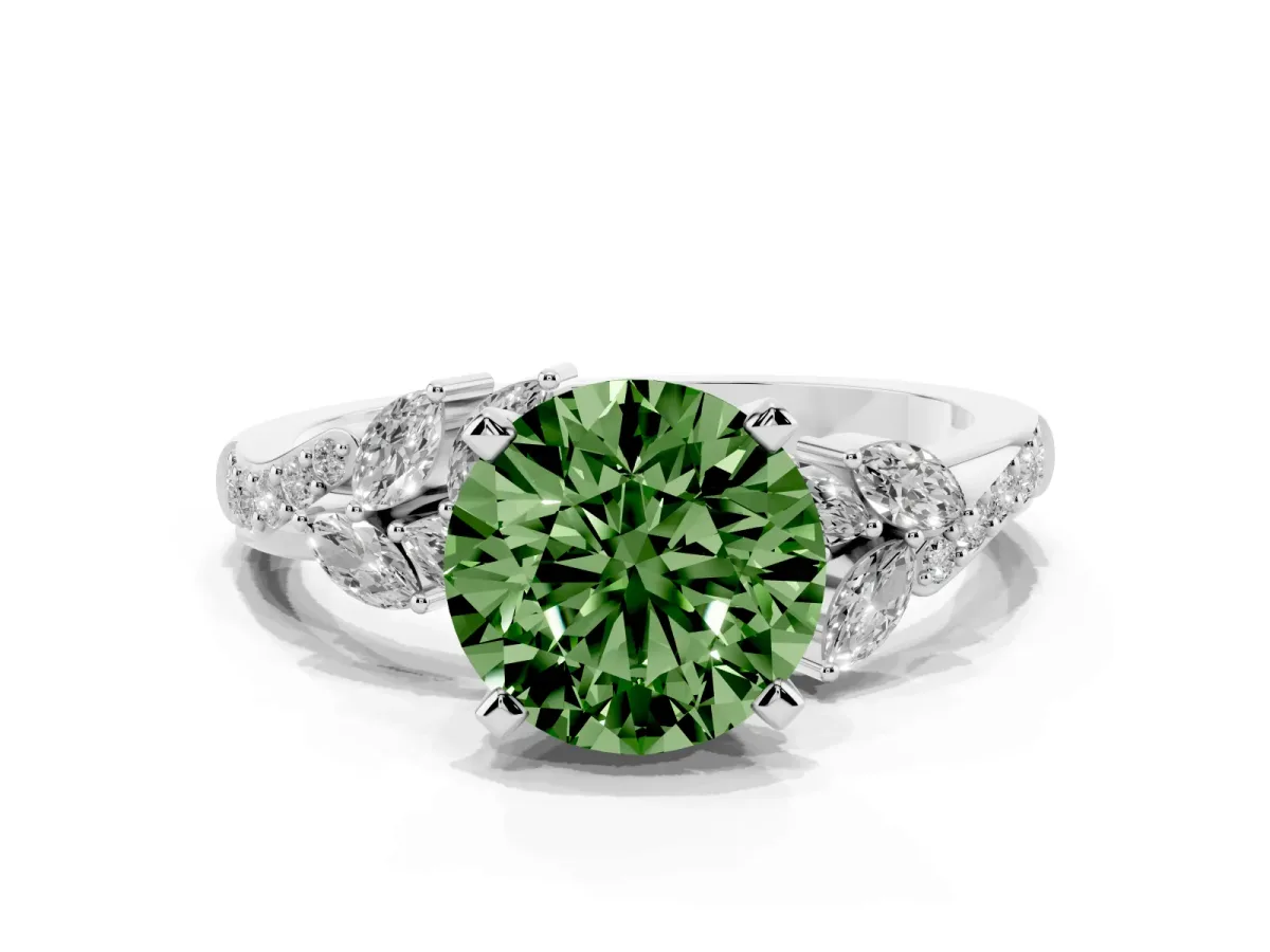 Fancy Green Round Cut Solitaire Marquise Twist Band with Six-Prong Setting Silver