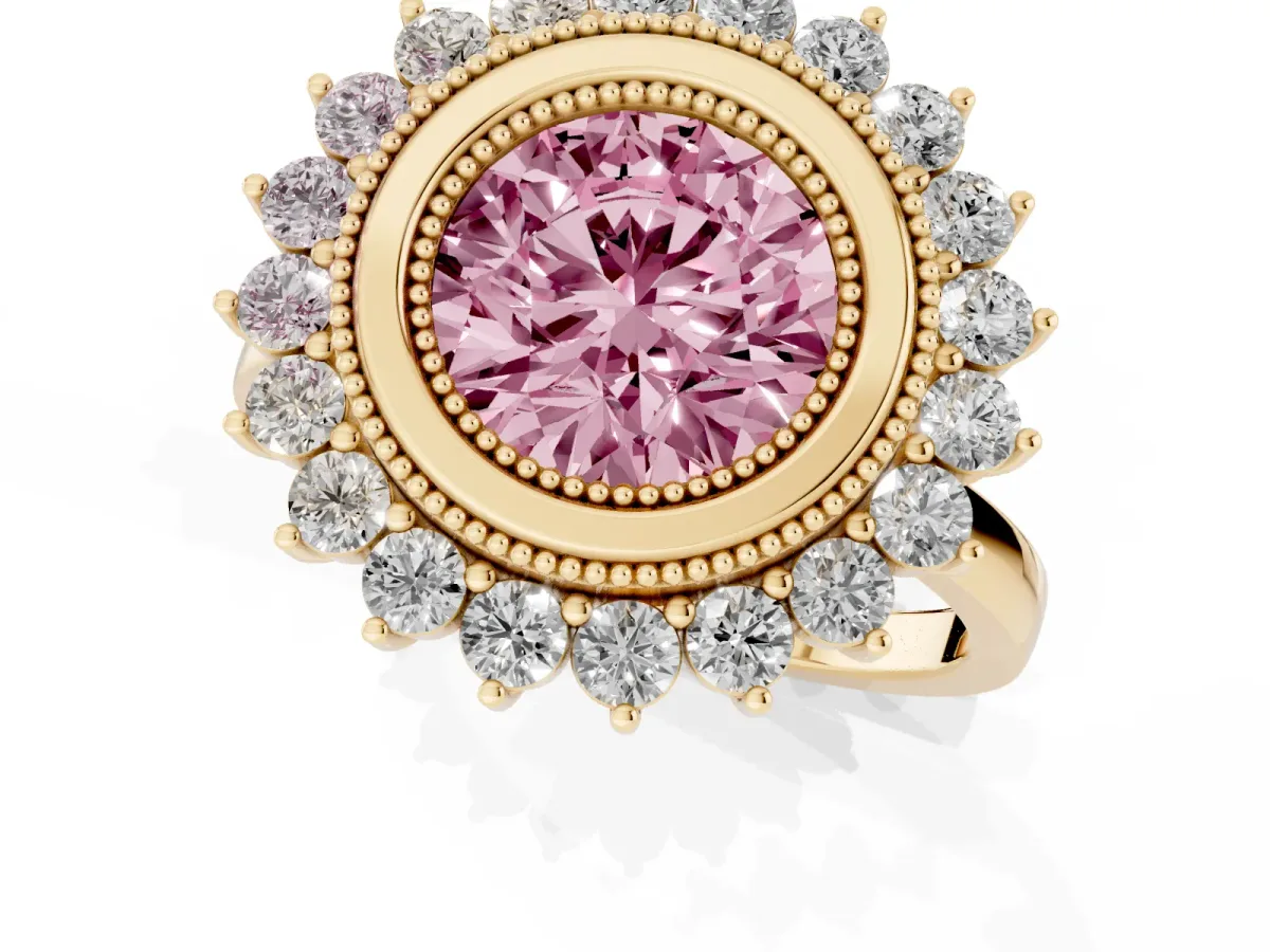 Fancy Pink Round Cut Halo Diamond Ring with Milgrain Edge and Round Prong Setting Yellow gold