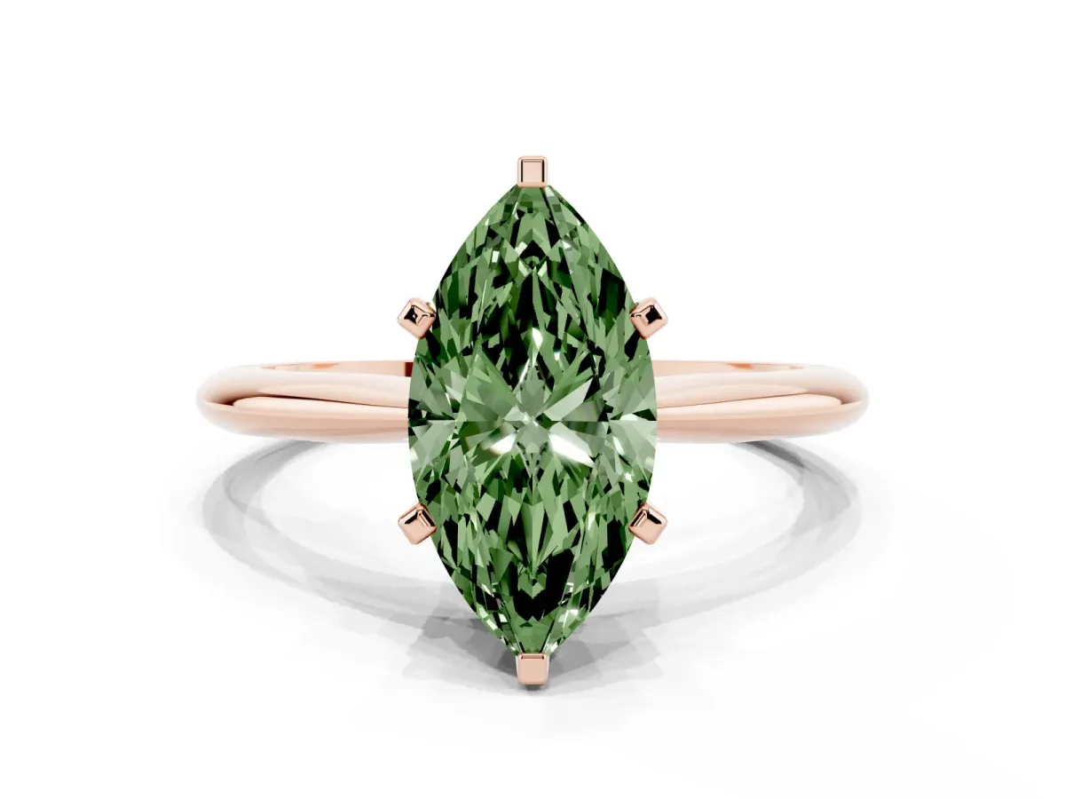 Fancy Green Marquise Cut Cut Solitaire Ring with Four-Prong Setting on a Classic Band Rose gold