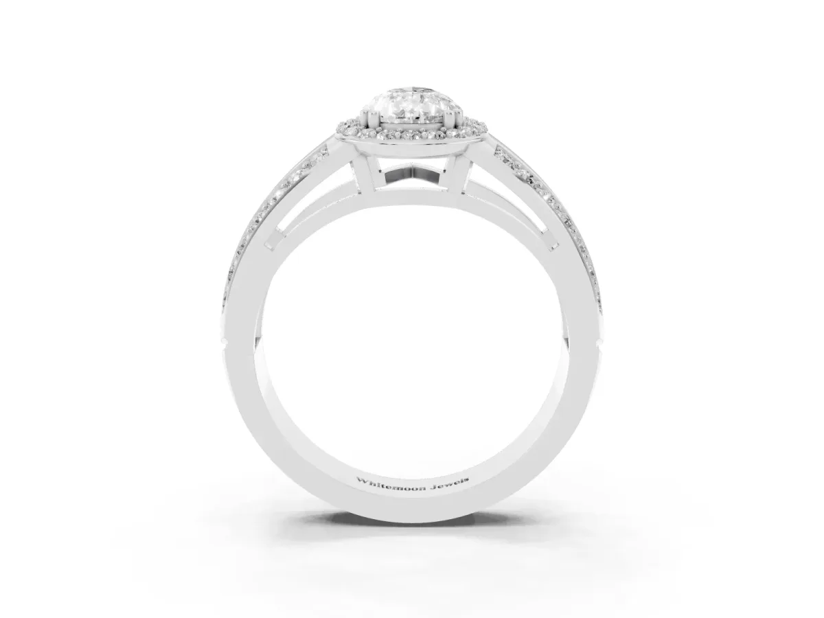 Pear Cut Diamond Halo Ring with Split Shank Pavé Band and Four-Prong Setting Silver