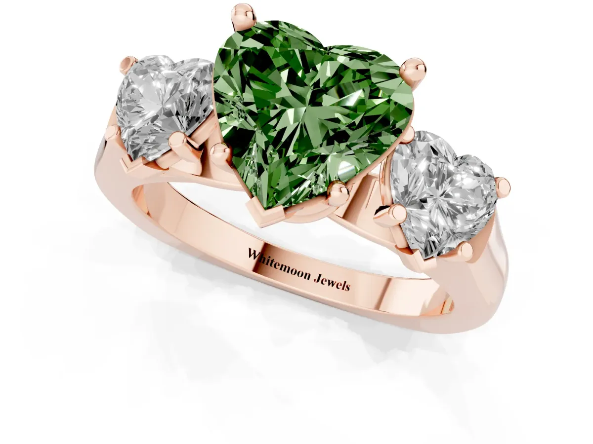Fancy Green Three-Stone Heart Cut Brilliant Diamond Trellis Ring with Comfort Fit Band Rose gold