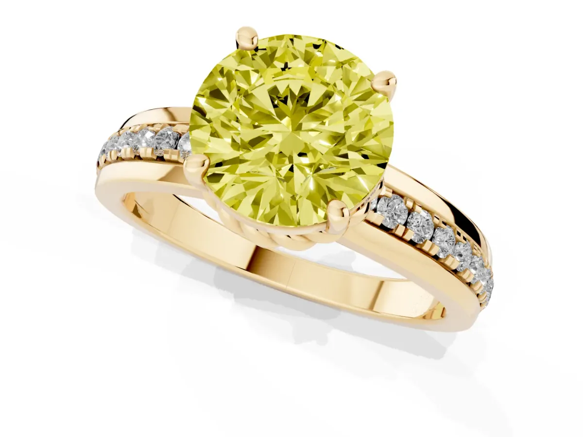 Fancy Yellow Round Cut Solitaire Diamond Ring with Channel Set Band and Six-Prong Setting Yellow gold