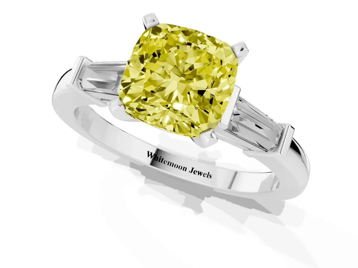 Fancy Yellow Cushion Cut Cut Diamond Solitaire Ring with Tapered Baguette Accents and Four-Prong Setting White gold