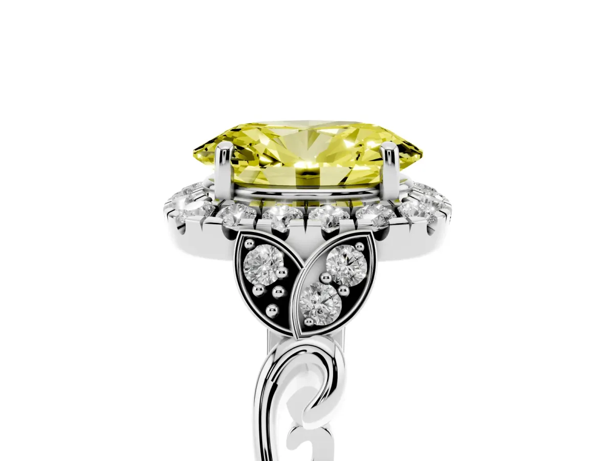 Fancy Yellow Oval Cut Halo Diamond Engagement Ring with Vintage-Inspired Band and Four-Prong Setting White gold
