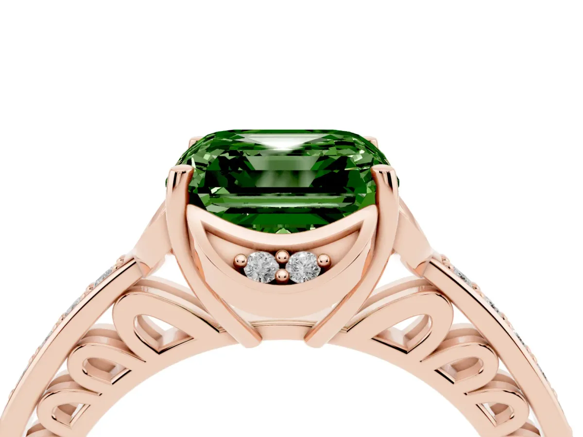 Fancy Green Asscher Cut Cut Halo Diamond Ring with Channel Set Band and Four-Prong Setting Rose gold