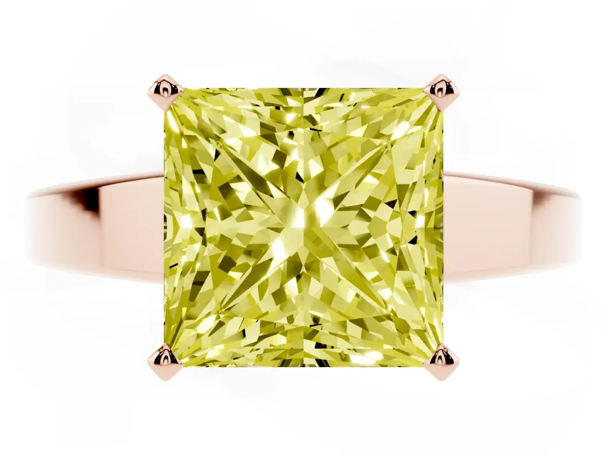 Fancy Yellow Princess Cut Solitaire Engagement Ring with Four-Prong Setting and Tapered Band Rose gold