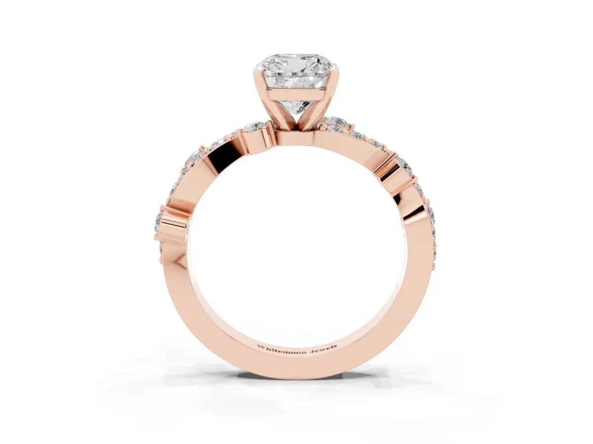 Cushion Cut Cut Solitaire Diamond Twisted Band with Pave Setting Rose gold