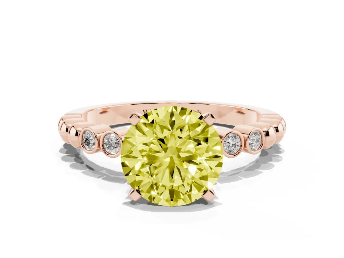 Fancy Yellow Round Cut Solitaire Bezel Accent Diamond Engagement Ring with Beaded Band and Four-Prong Setting Rose gold