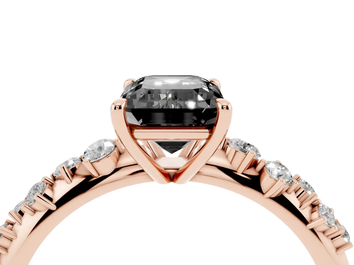 Fancy Black Emerald Cut Diamond Cluster Side Stone Solitaire Ring with Prong Setting Rose gold