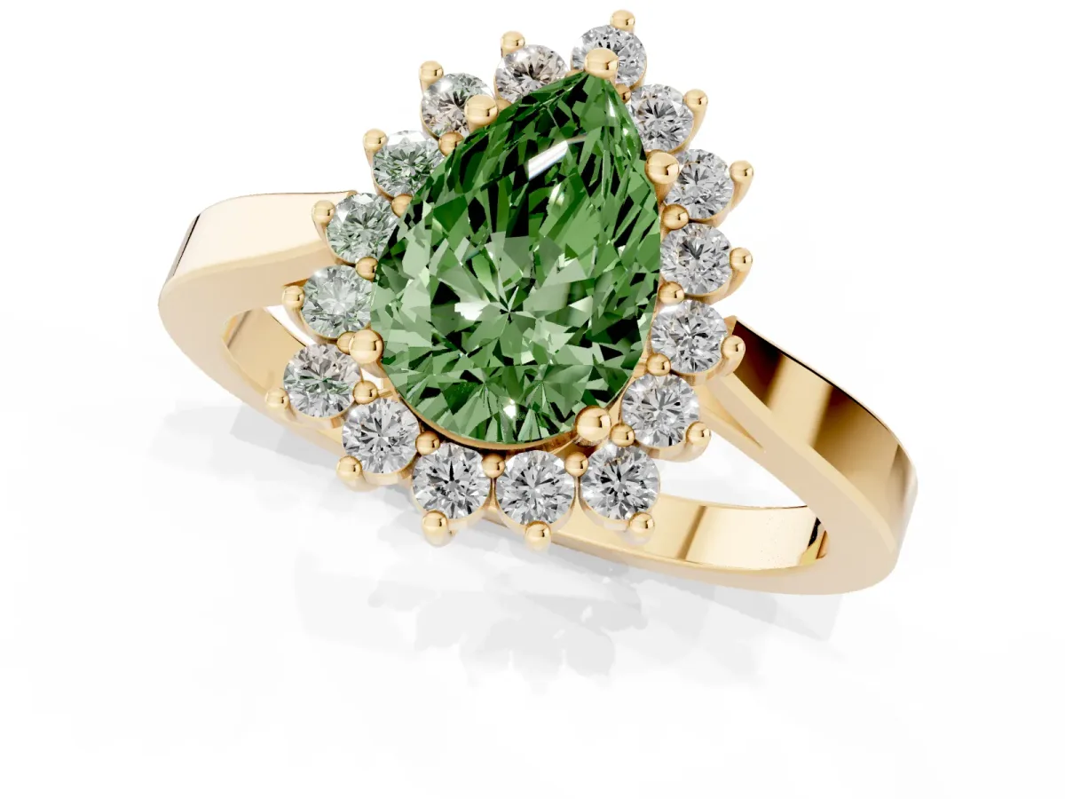 Fancy Green Pear Cut Cut Diamond Halo Ring with Round Brilliant Halo and Solitaire Band Yellow gold