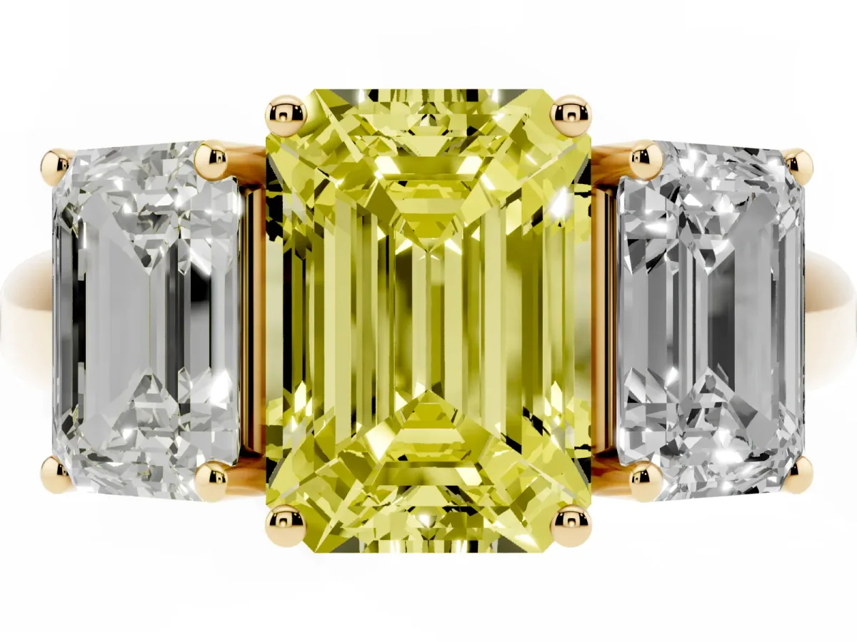 Fancy Yellow Three-Stone Emerald Cut Diamond Engagement Ring with Prong Setting Yellow gold