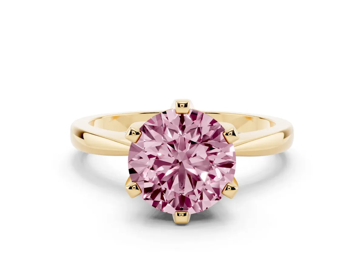 Fancy Pink Round Cut Solitaire Engagement Ring with Six-Prong Setting and Tapered Band Yellow gold