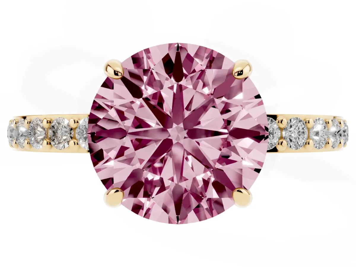 Fancy Pink Round Cut Diamond Pavé Engagement Ring with Round Accents and Prong Setting Yellow gold