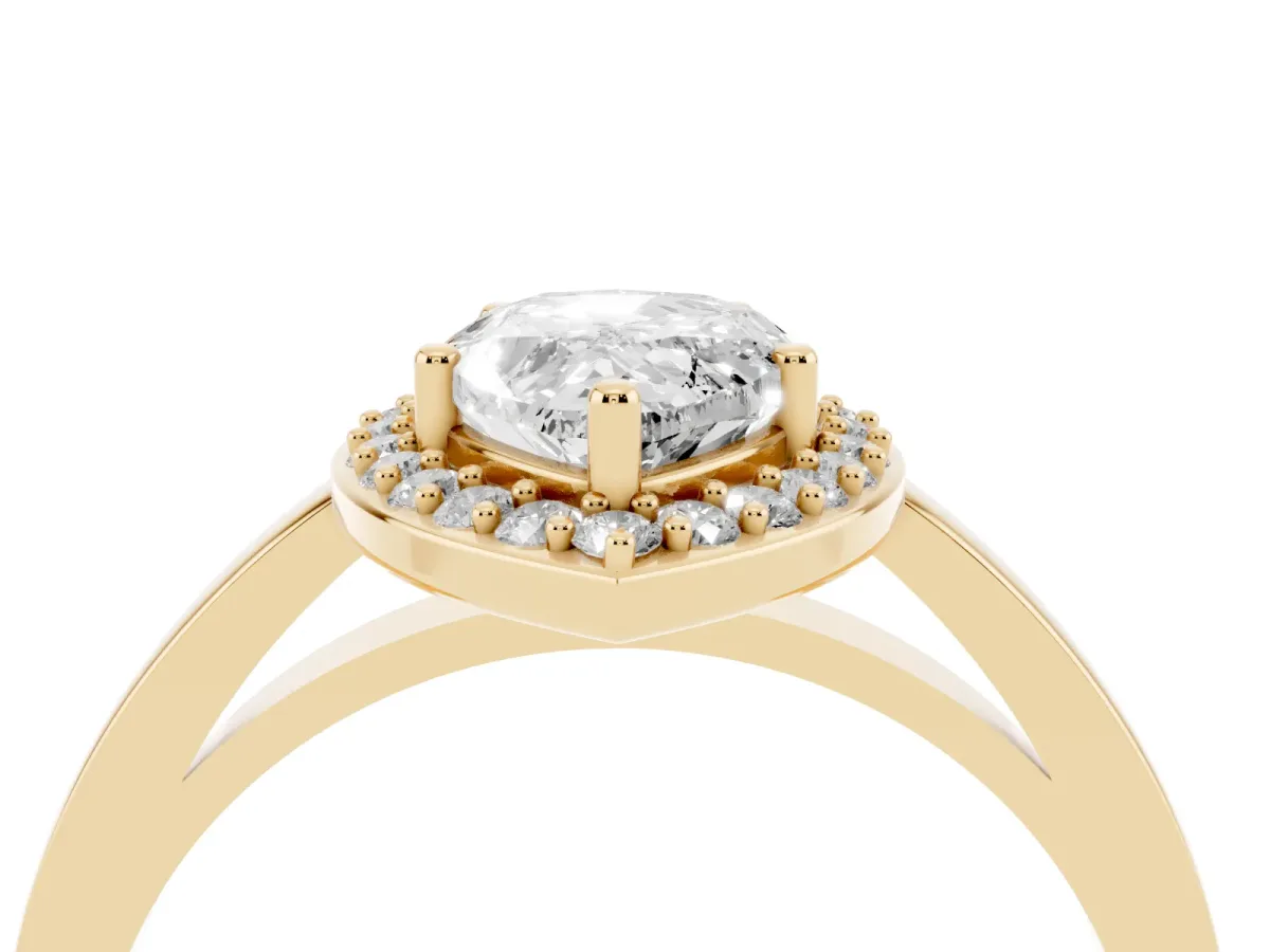 Pear Cut Halo Diamond Ring with Solitaire Band and Prong Setting Yellow gold