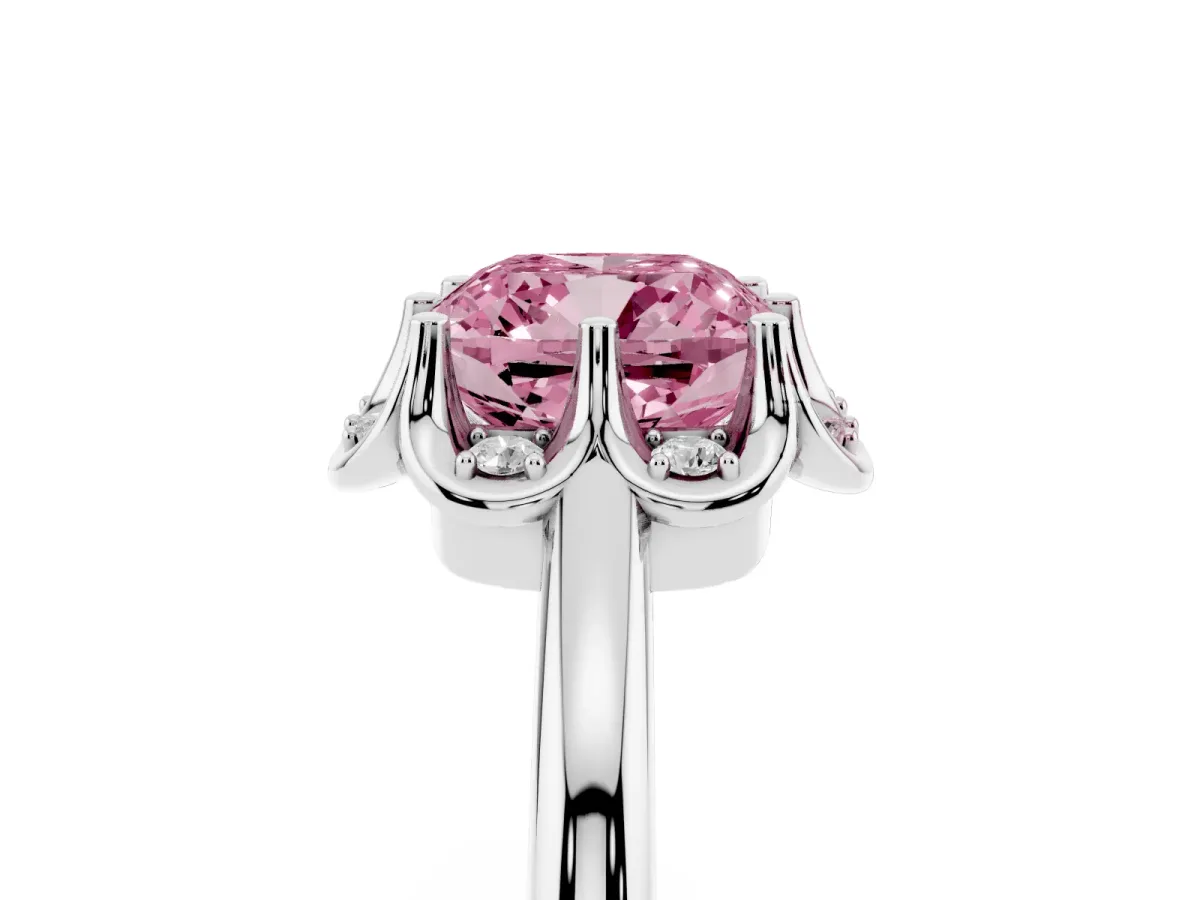 Fancy Pink Cushion Cut Halo Diamond Ring with Round Cluster Setting, Solitaire Band, and Four-Prong Setting Silver