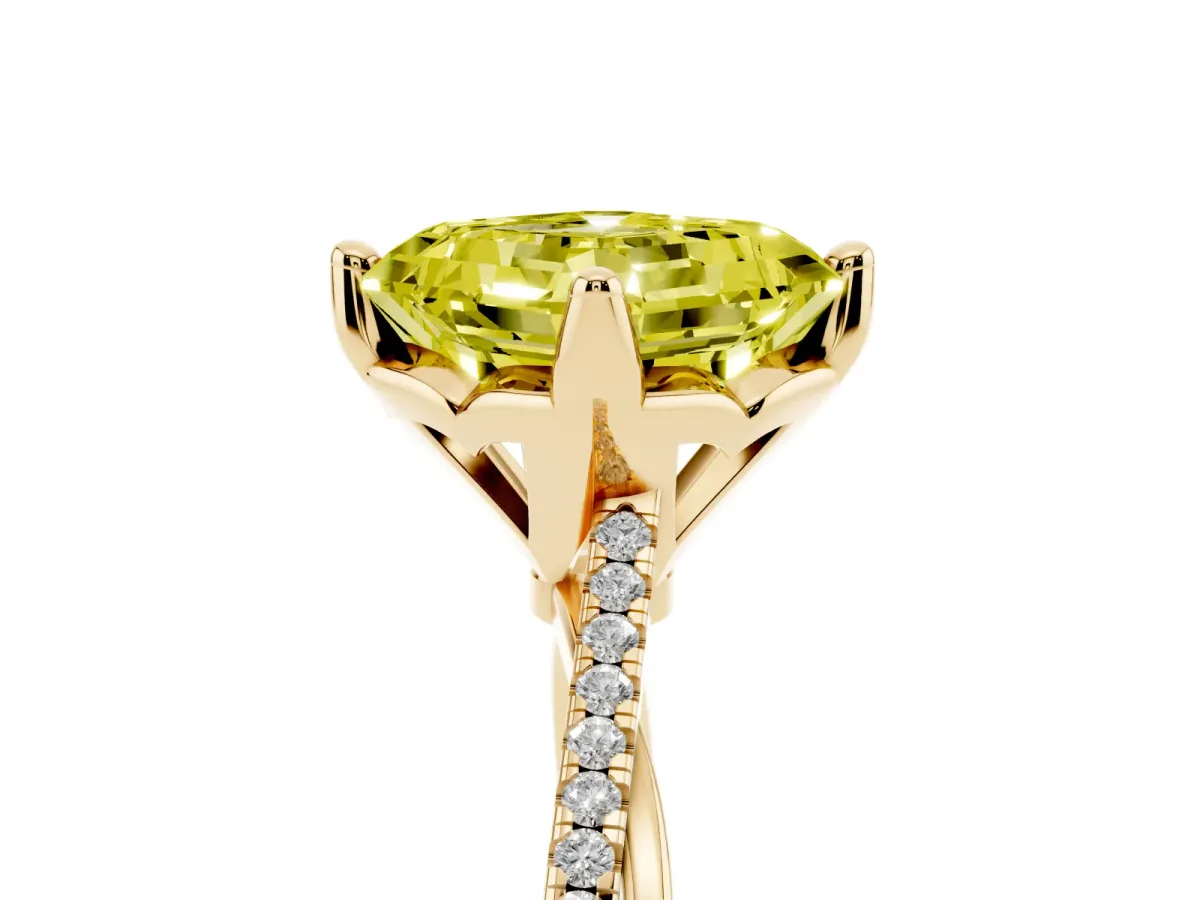 Fancy Yellow Asscher Cut Solitaire Twist Band with Pavé Diamonds and Four-Prong Setting Yellow gold