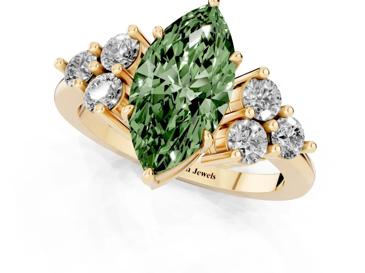 Fancy Green Marquise Cut Brilliant Diamond Cluster Accent Solitaire Ring with Prong Setting Yellow gold