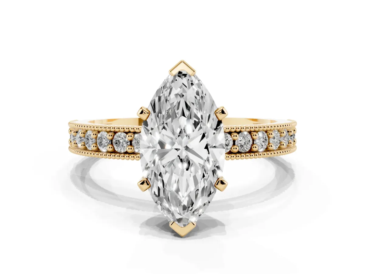 Marquise Cut Diamond Milgrain Pavé Engagement Ring with Four-Prong Setting Yellow gold